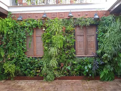 a building with a wall covered in plants and wooden doors at La gota de leche 3 in Sanlúcar de Barrameda