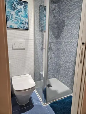 a bathroom with a toilet and a shower at Paraíso Malecón de Cádiz in Cádiz