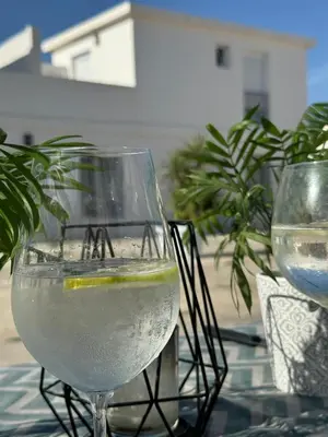 a glass of water with a lime in it at Apartamentos Muñoz Fornell 1 in Chiclana de la Frontera