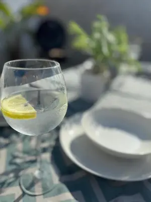 a glass of wine with a lemon in it on a table at Apartamento Muñoz Fornell 3 in Chiclana de la Frontera