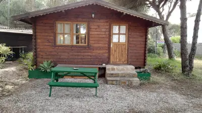 a small cabin with a picnic table in front of it at Cabañas de Veròn in Conil de la Frontera