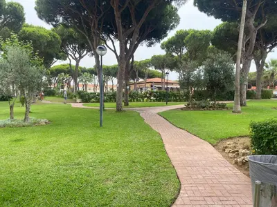 a path through a park with trees and a light pole at La Balconera Apartamento junto a la playa in Novo Sancti Petri
