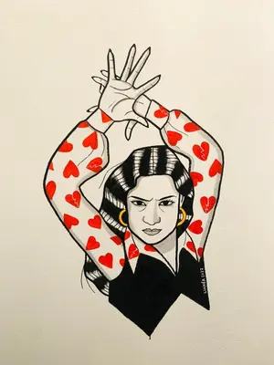 a drawing of a woman with hearts on a wall at Casa Miguel - Apartamento 1 in Sanlúcar de Barrameda