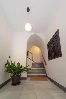 a hallway with stairs and a potted plant at Casa Miguel - Apartamento 5 in Sanlúcar de Barrameda