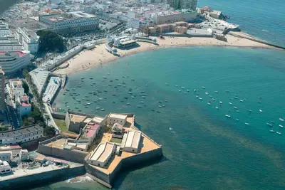 an aerial view of a beach with boats in the water at Caleta Dreams. Apartamento a estrenar. A 60 metros Playa in Cádiz