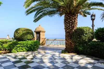 a palm tree and a building with a palm tree at Apartamentos El BALNEARIO by Cadiz4Rentals in Cádiz