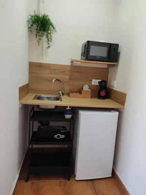a kitchen with a counter with a sink and a microwave at ALOJAMIENTO La CAPILLITA HABITACION CON BAÑO in Sanlúcar de Barrameda