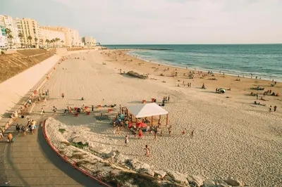 a beach with a lot of people and the ocean at El Aljibe de Botica in Cádiz
