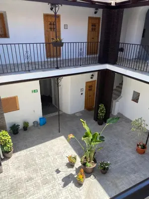an empty courtyard with potted plants in a building at La Parra Apartamento in Jerez de la Frontera